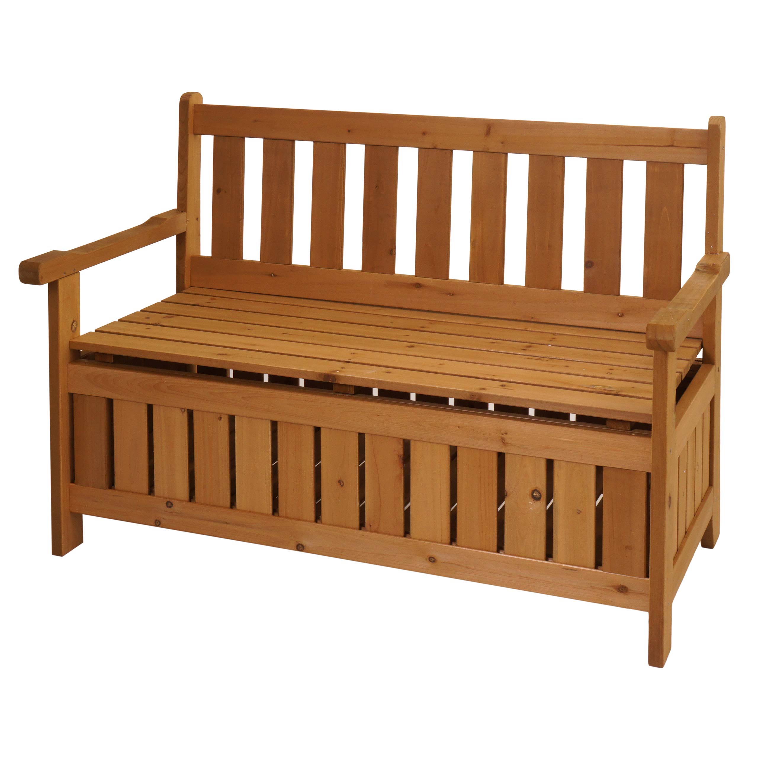 Ławka ogrodowa HWC-L68 z schowkiem, ławka z skrzynią, schowek, drewno jodłowe do użytku na zewnątrz, MVG 114 cm, brązowa