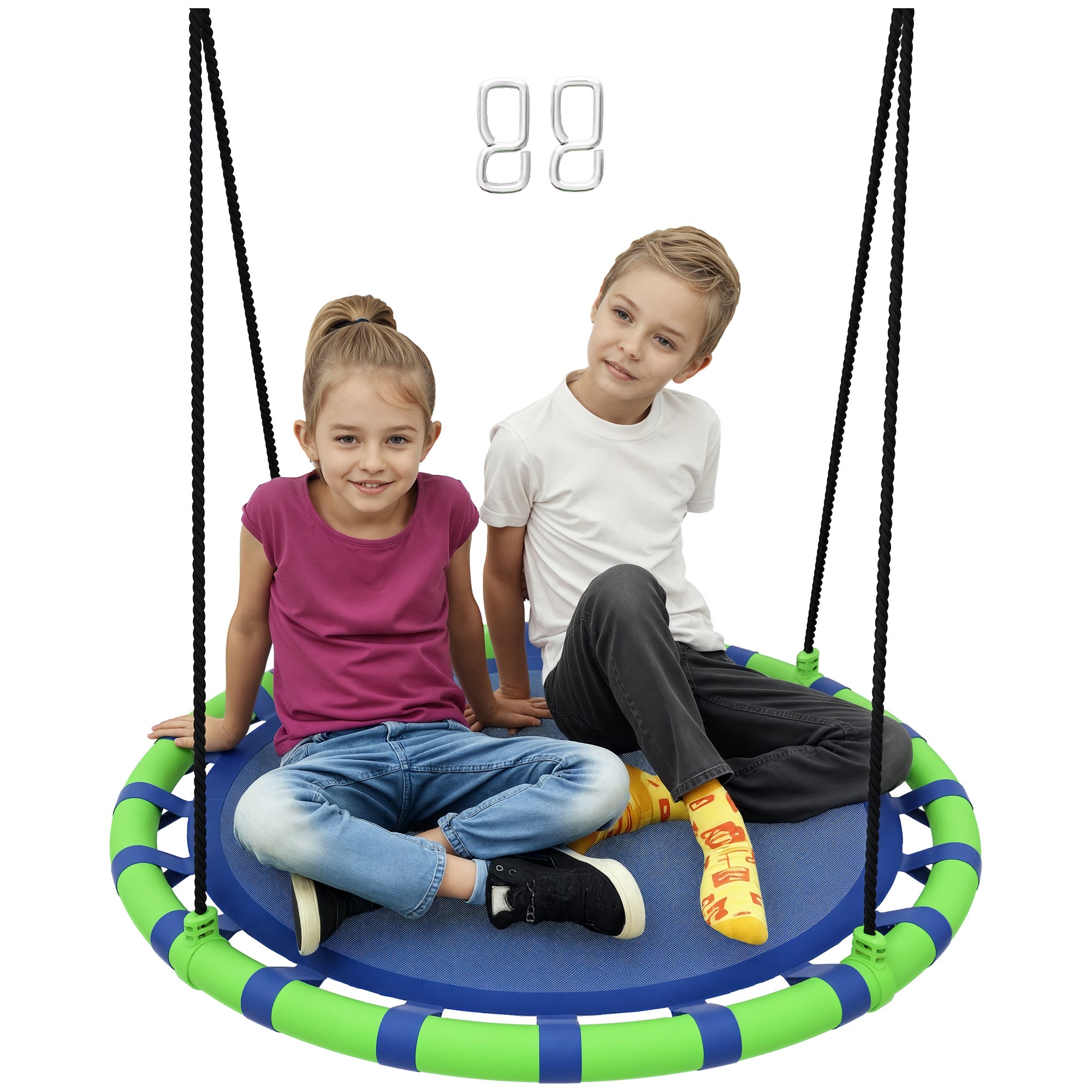 Okrągła huśtawka ogrodowa dla dziecka z regulowaną wysokością i udźwigiem 150 kg, Ø100x180 cm, niebiesko-zielona