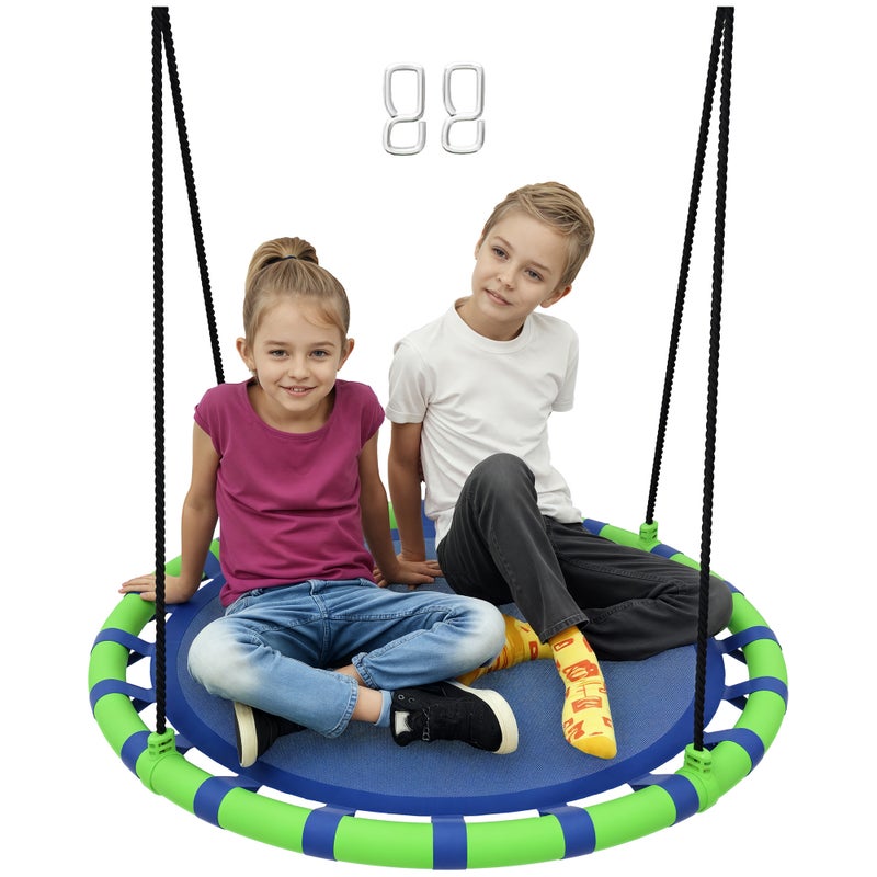 Okrągła huśtawka ogrodowa dla dziecka z regulowaną wysokością i udźwigiem 150 kg, Ø100x180 cm, niebiesko-zielona