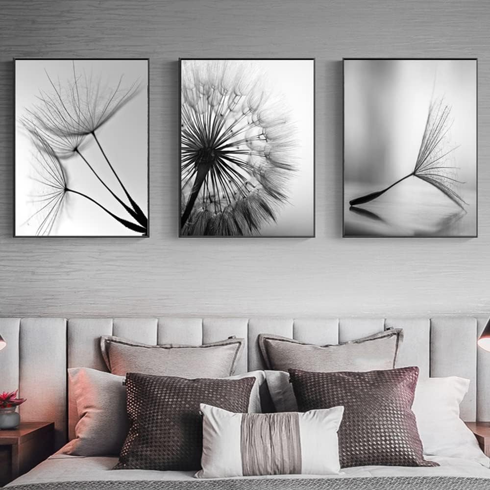 Obraz na płótnie – Czarno-biały – Mniszek lekarski – 3 sztuki – Bez ramy – Mniszek lekarski – Nowoczesna dekoracja – 30 x 40 cm
