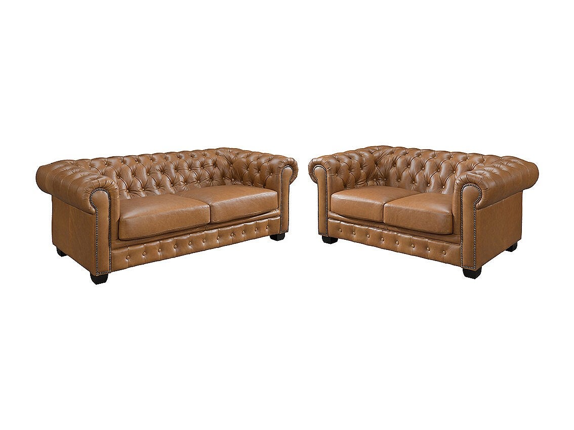 Komplet wypoczynkowy typu chesterfield 3+2 BRENTON 100% skóry bawolej - Kolor: karmelowy vintage
