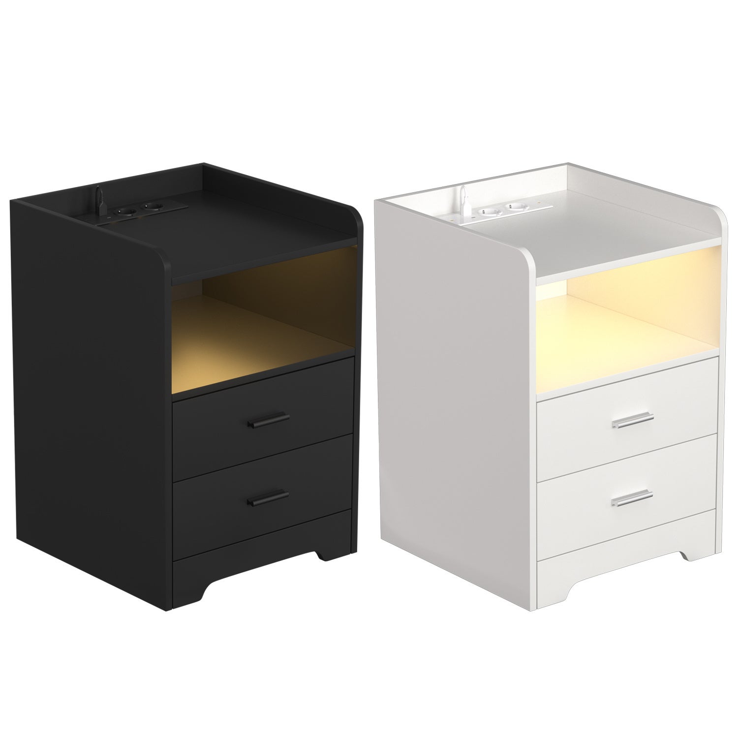 Szafka nocna LED RGB z Bluetooth i aplikacją, 2 gniazda, USB i USB-C, 2 szuflady, 4 kółka, kolor czarny