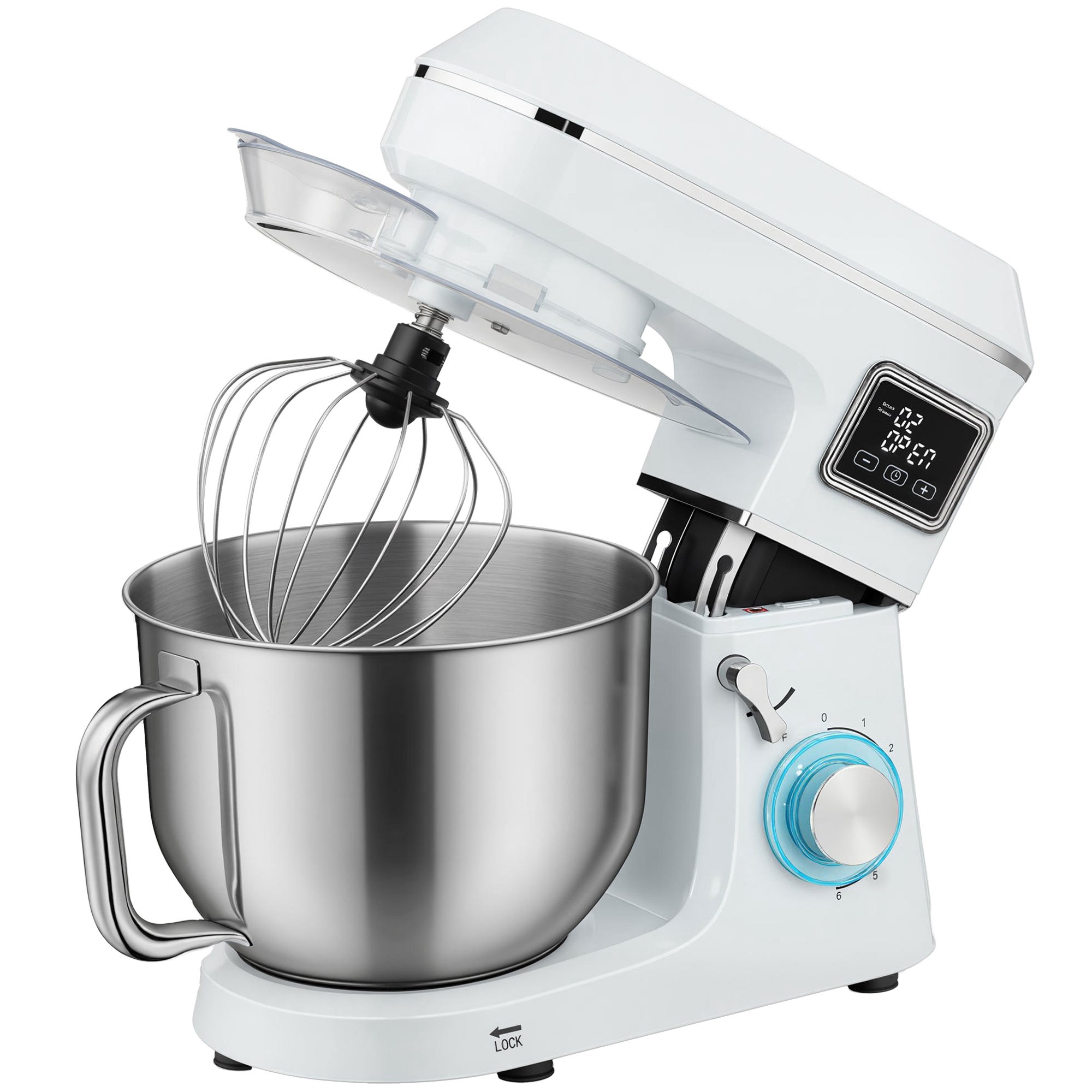 Mikser stojący 6L 1400W z głowicą odchylaną, 6 prędkościami, funkcją fermentacji, wyświetlaczem LED, kolor biały