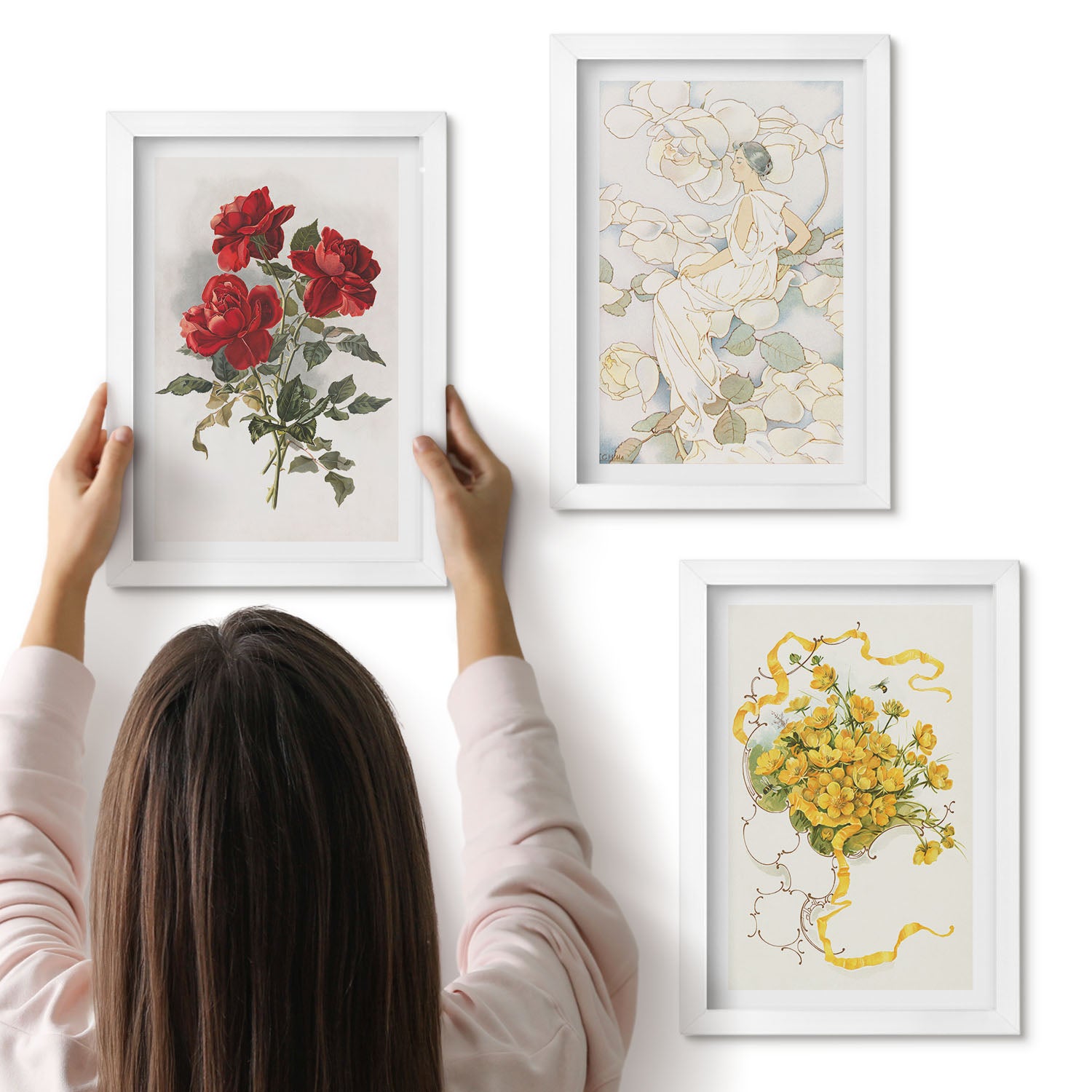 Galeria ścienna 3-częściowy komplet obrazów w białych ramach - Róże w czerwieni postać w bieli żółte kwiaty w wazonie - ArtPrintCave