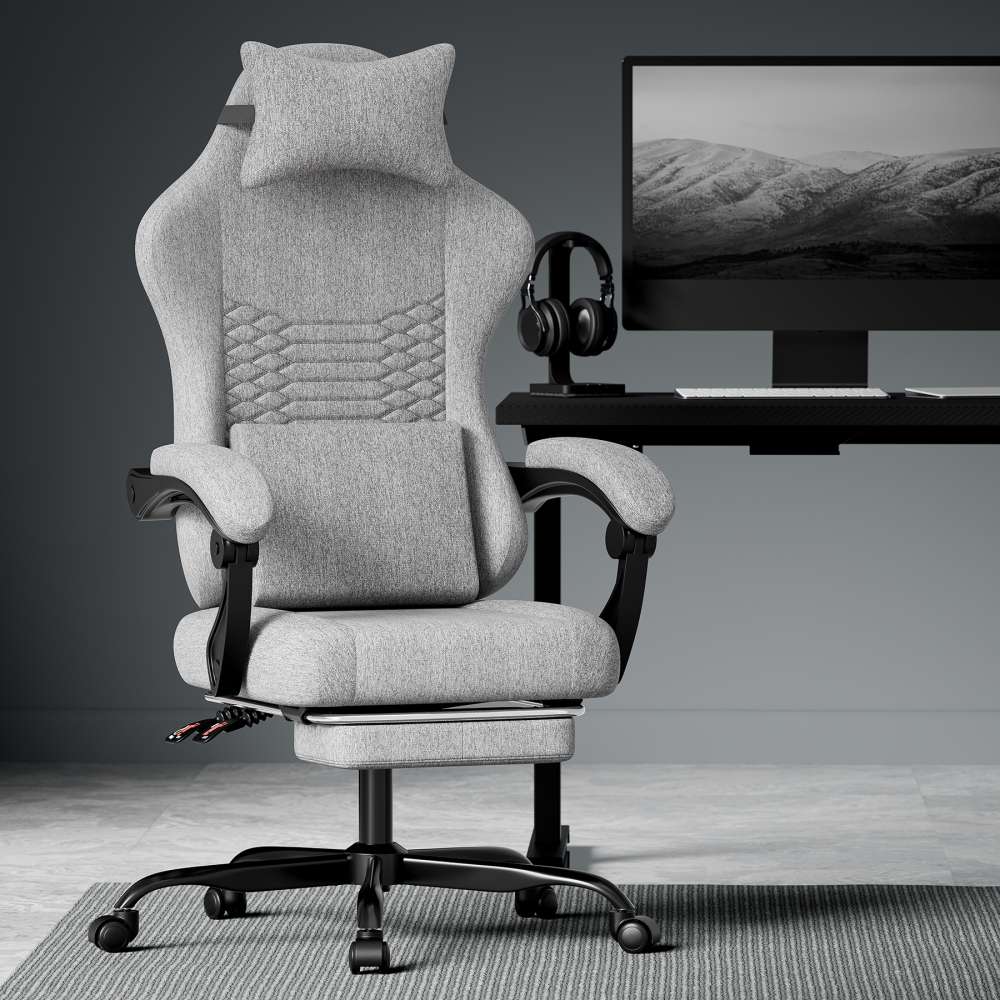Fotel gamingowy ergonomiczny tkaninowy krzesło biurowe z masażem, fotel wyścigowy regulowany z zagłówkiem i podnóżkiem jasnoszary
