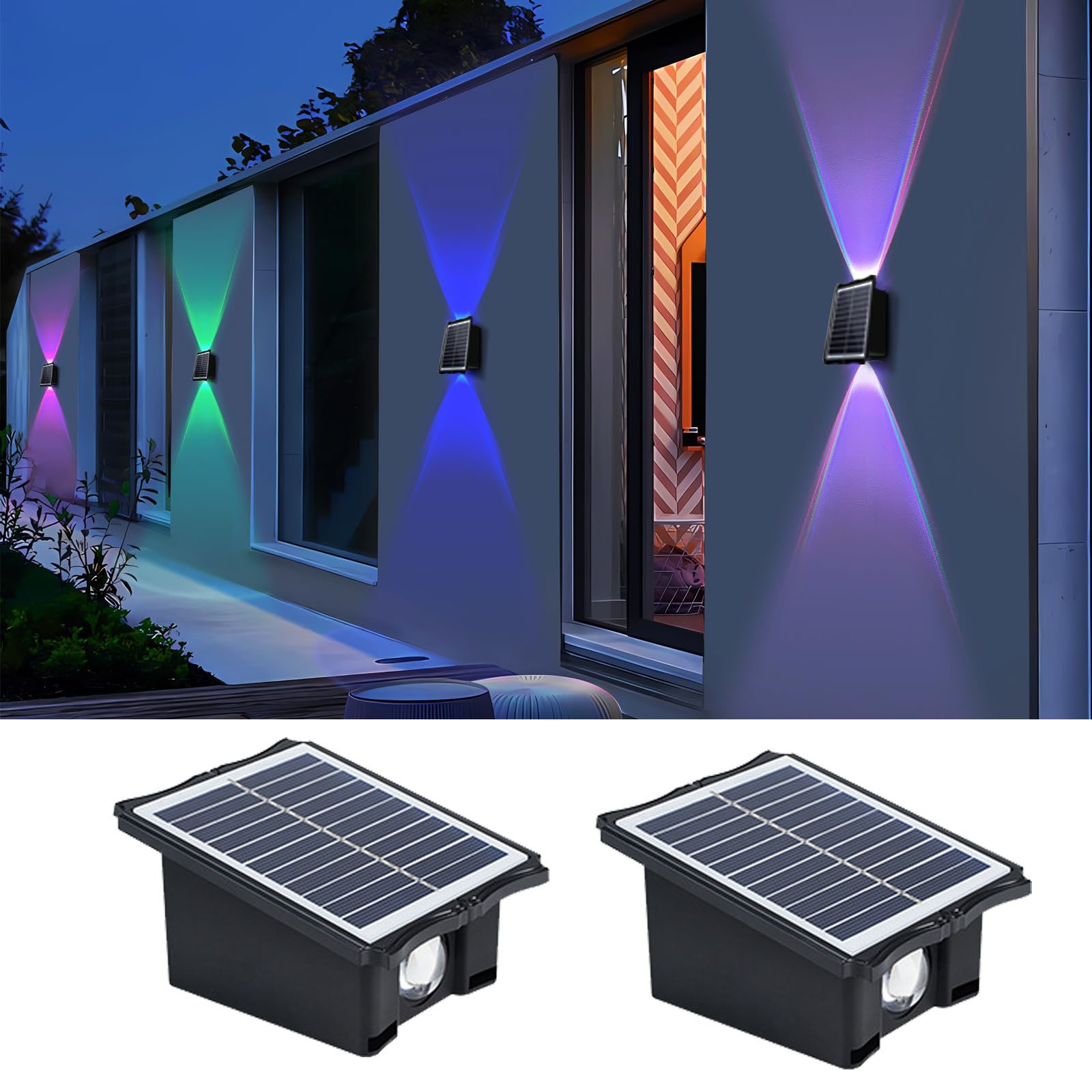 Kolorowe Solarne Kinkiety LED z dwiema diodami, wodoszczelne światło solarne IP65 do ogrodu na balkon (pakiet 2 szt.)