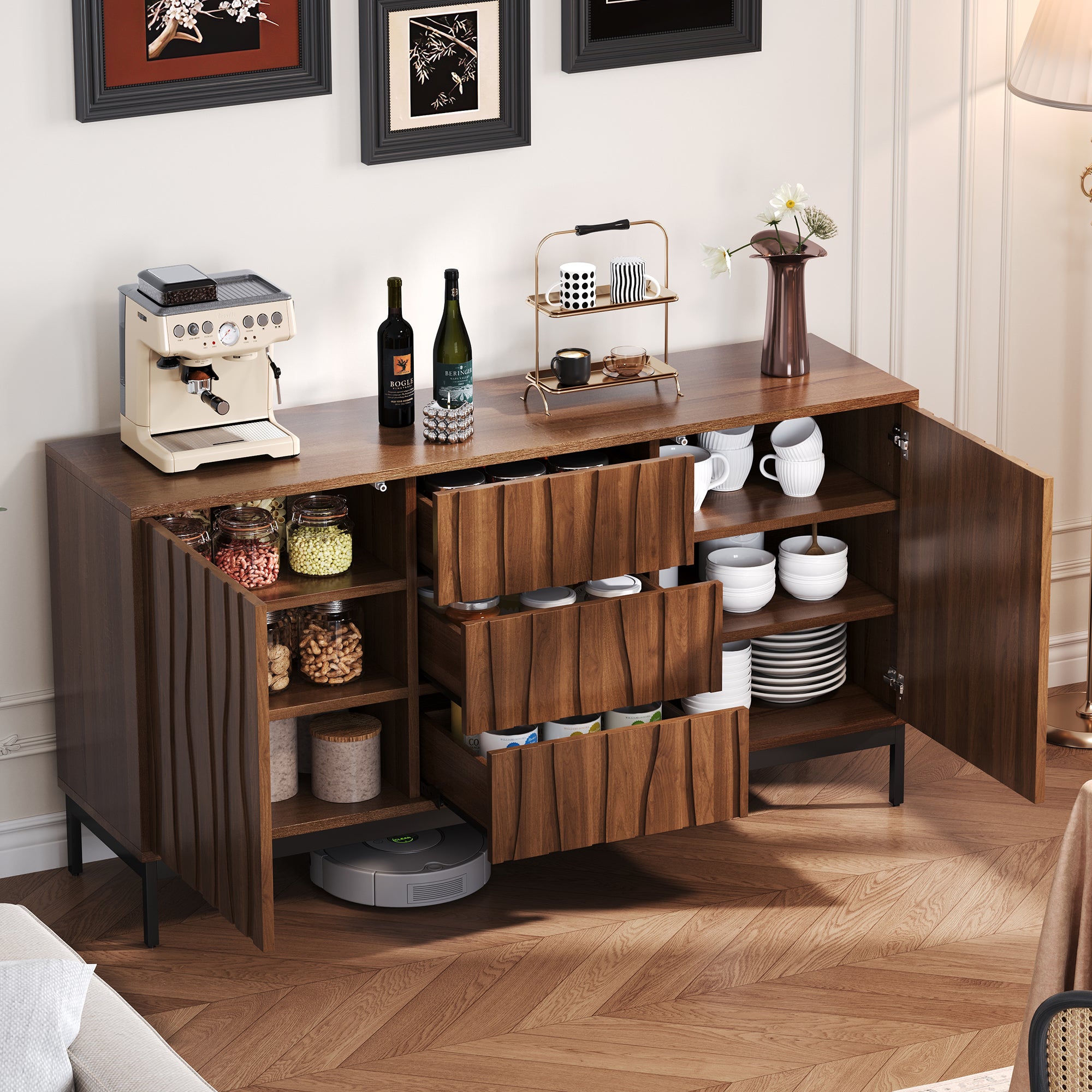 Komoda-150 cm-3 szuflady-ciemny dąb-bufet-duże szafki kuchenne-jednoczęściowe wycięcie-Mid-Century Modern-meble dekoracyjne