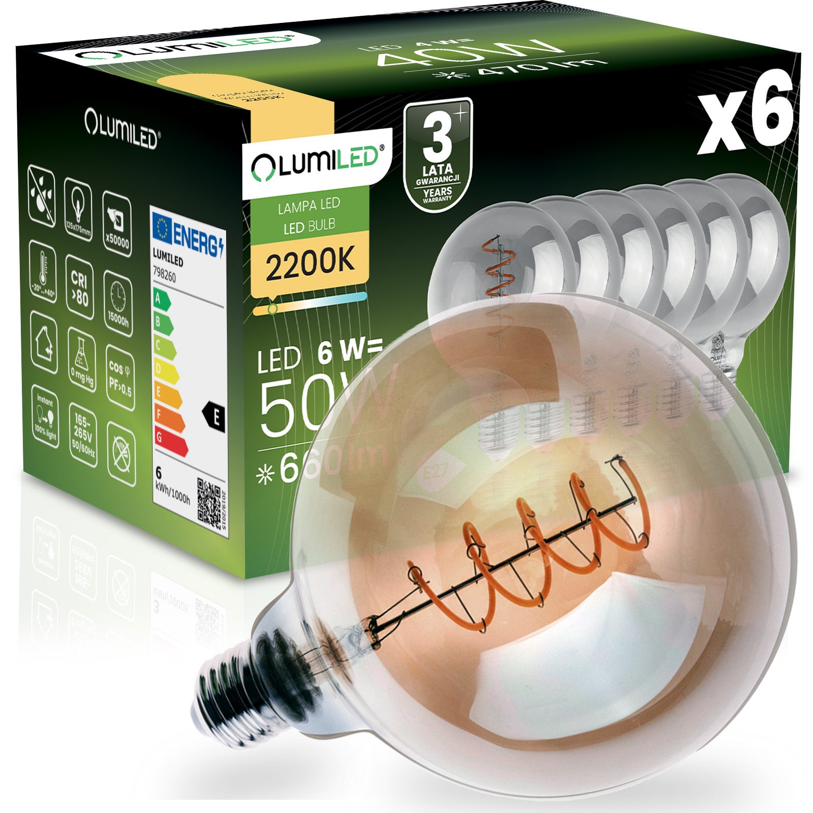 Żarówka LED Lumiled E27 Kula G125 6W 660LM 2200K Ciepła biel 360st Dymiona Filament 6 szt.