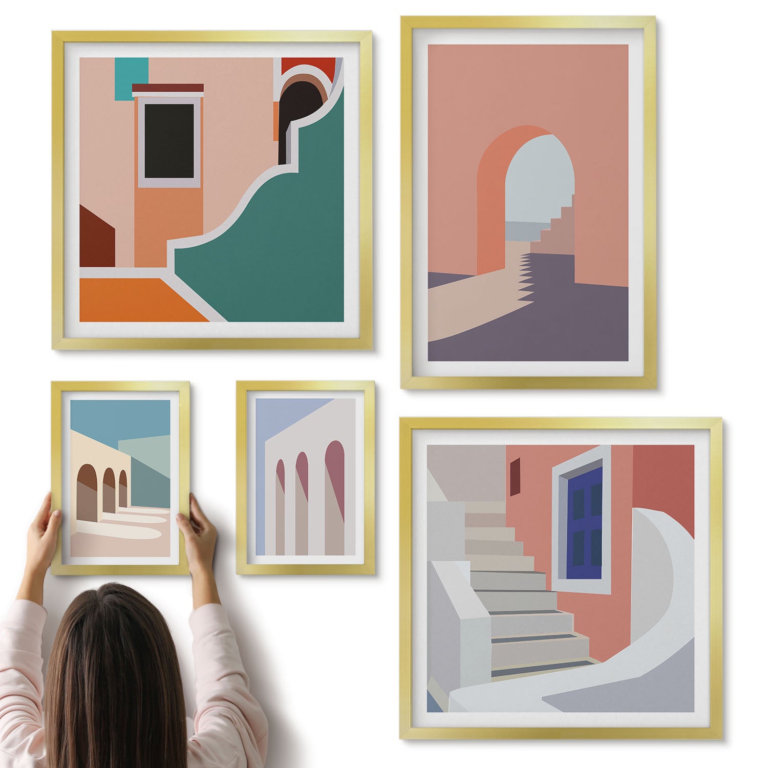 Galeria ścienna 5-częściowy komplet obrazów w złotych ramach - Pastelowe minimalistyczne grafiki architektury miejskiej - ArtPrintCave