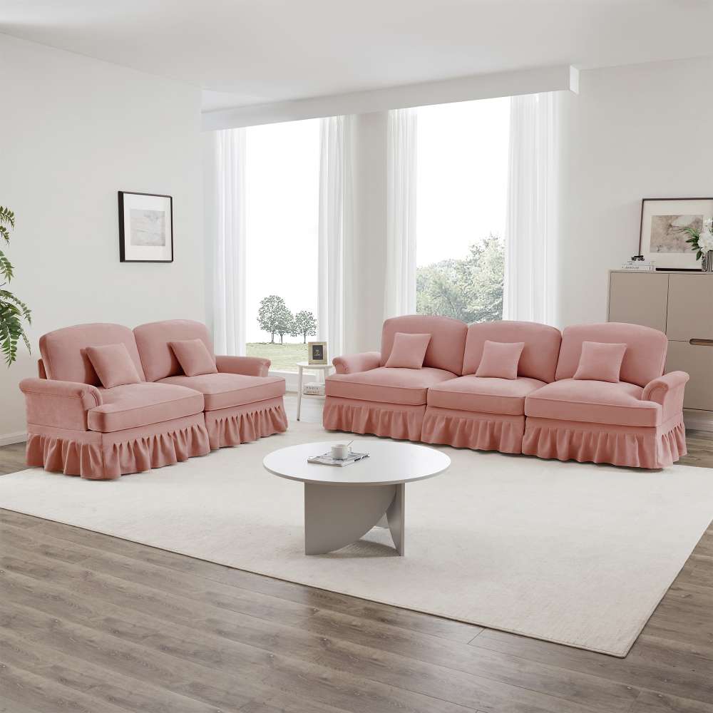 Modułowa sofa 2- i 3-osobowa z aksamitu, ze zdejmowanym fartuchem, zwężanymi podłokietnikami i zwężanymi nogami – wygodna i uniwersalna do salonu