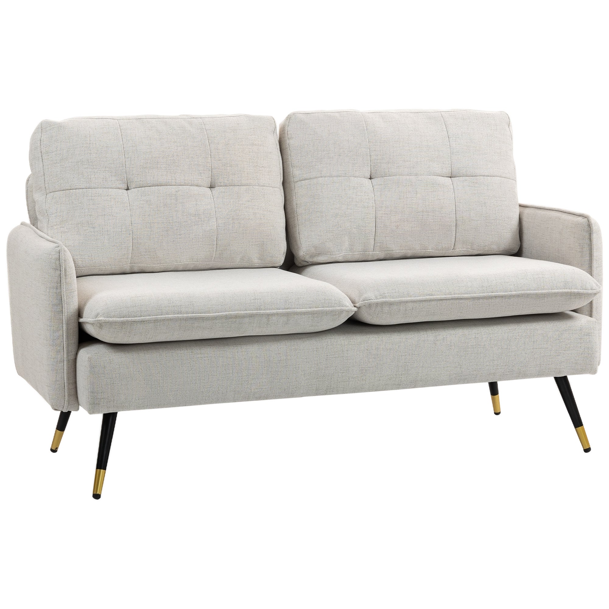 Dwuosobowa sofa w tkaninie imitującej len, ze stalowymi nogami i miękkimi poduszkami, 139 x 68 x 80 cm, kolor kremowo-biały