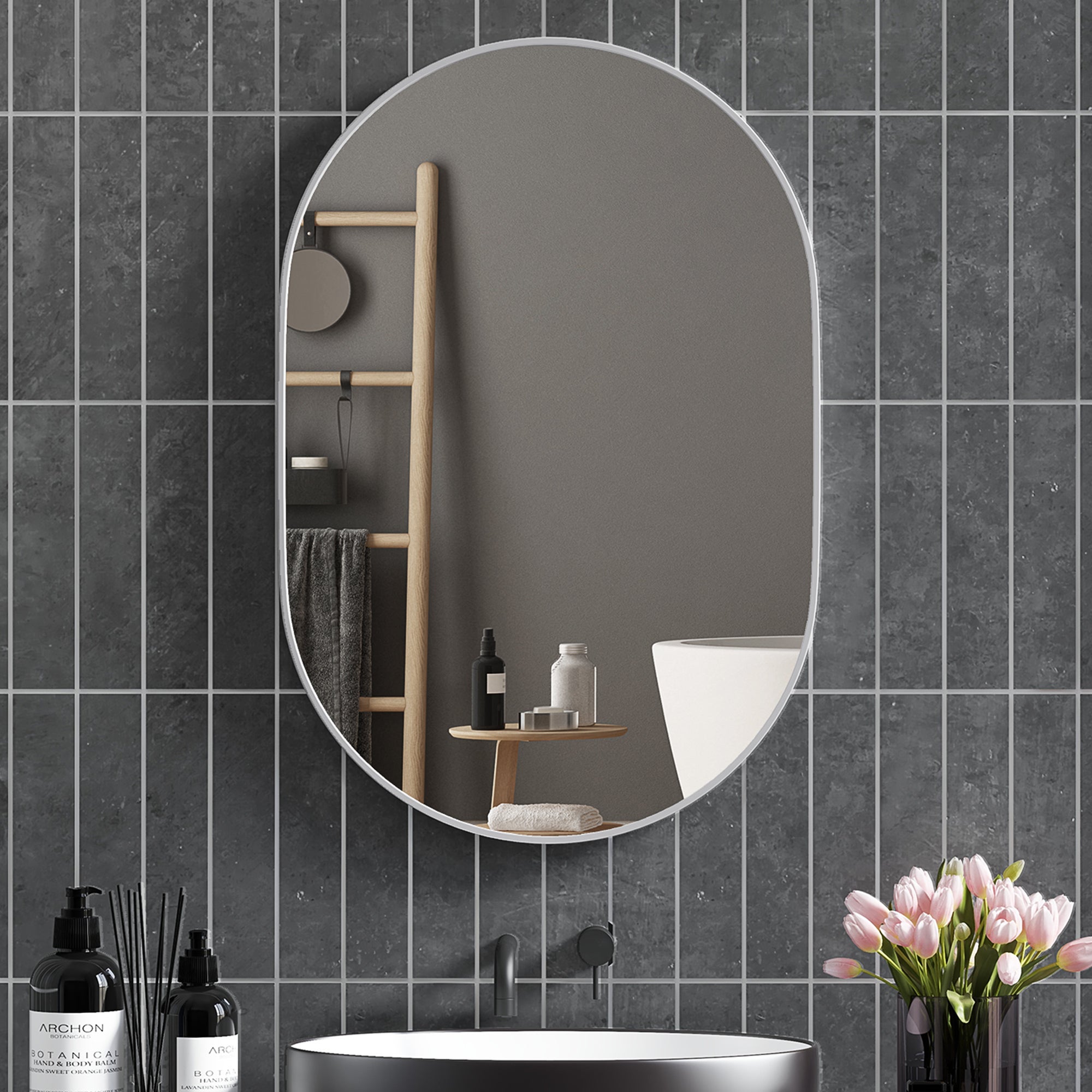 Owalne lustro łazienkowe 60x90 cm, dekoracyjne lustro ścienne z aluminiową ramą srebrne, do salonu poziome lub pionowe