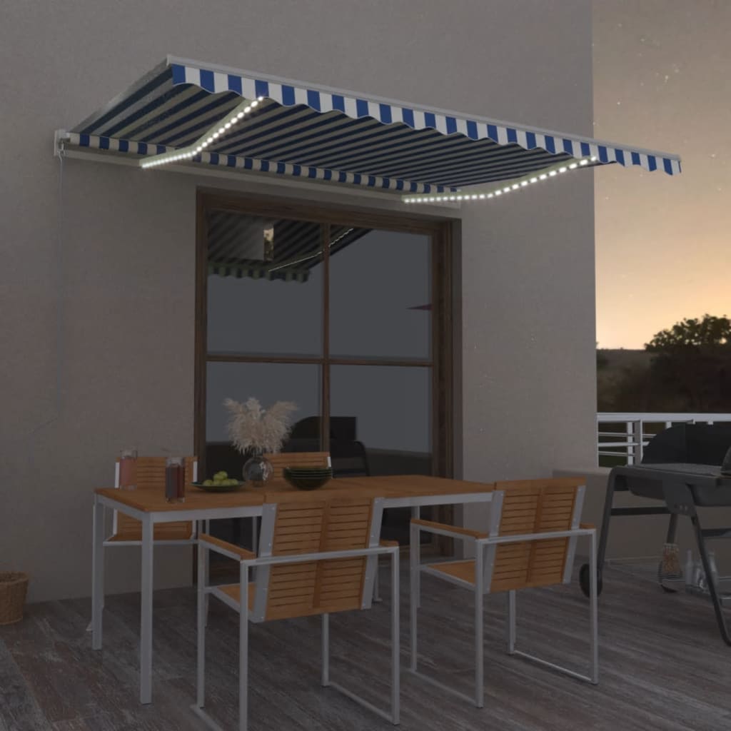 Ręcznie zwijana markiza z LED, 450x350 cm, niebiesko-biała vidaXL