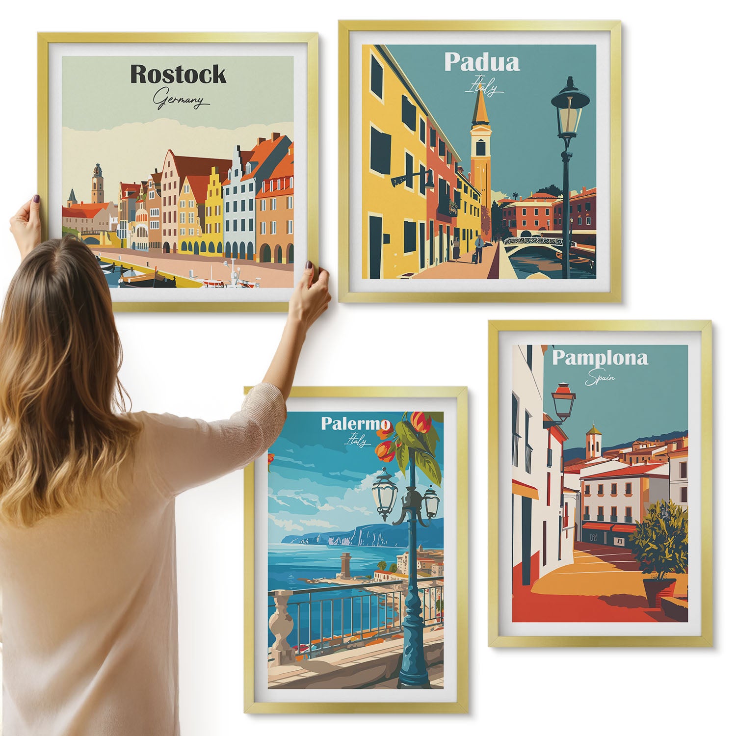 Galeria ścienna 4-częściowy komplet obrazów w złotych ramach - Popularne miasta w retro ilustracyjnym stylu - ArtPrintCave