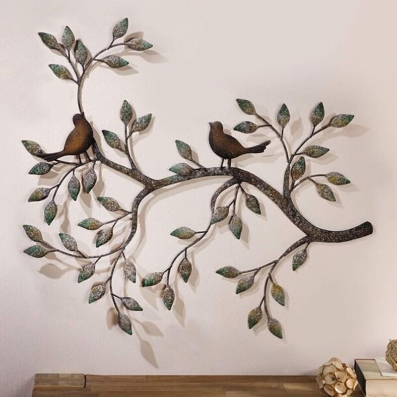 Ptak na ścianę w stylu art déco, para nierozłączek na gałęziach, wisząca metalowa rzeźba ścienna, dekoracja ścienna z kutego żelaza w stylu retro, 58