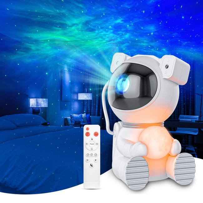 Projektor nieba w kształcie galaktyki z astronautą, rozgwieżdżone niebo z mgławicą, timer i pilot zdalnego sterowania, sufitowa projekcja światła w n