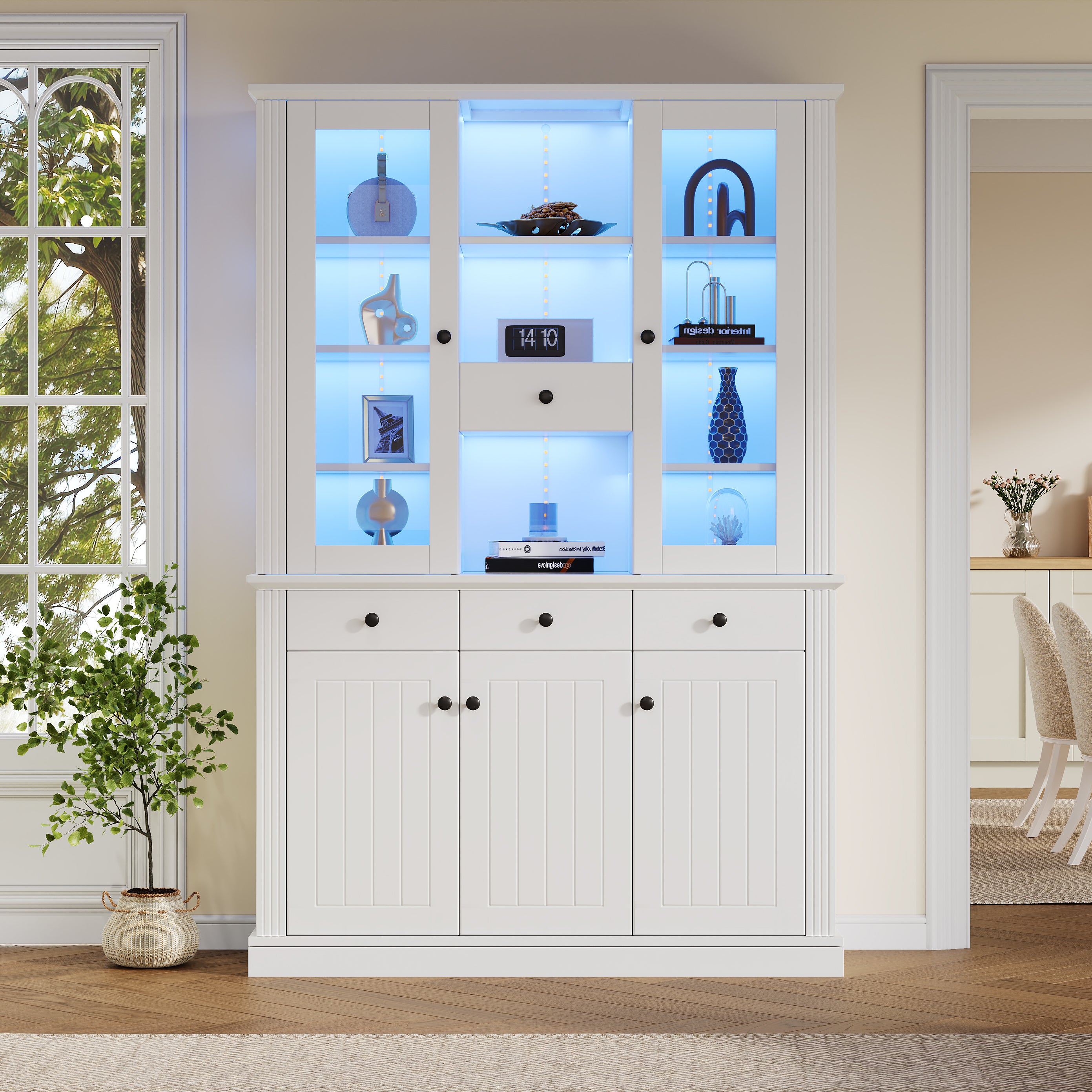 Witryna 5-drzwiowa z 4 szufladami, 21 przegródkami i oświetleniem LED - MDF i akryl - 119,5 × 40 × 180 cm - biała