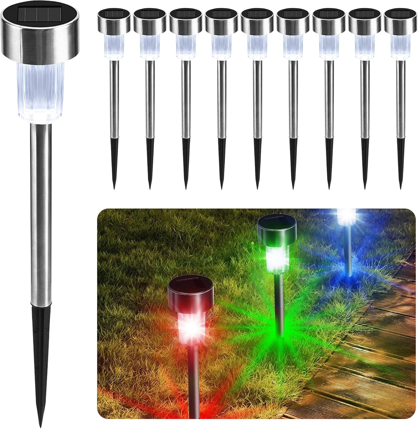 Zestaw 10 zmieniających kolor lamp solarnych LED, ze stali nierdzewnej odpornej na warunki atmosferyczne, do ładowania ścieżek i ogrodów zewnętrznych