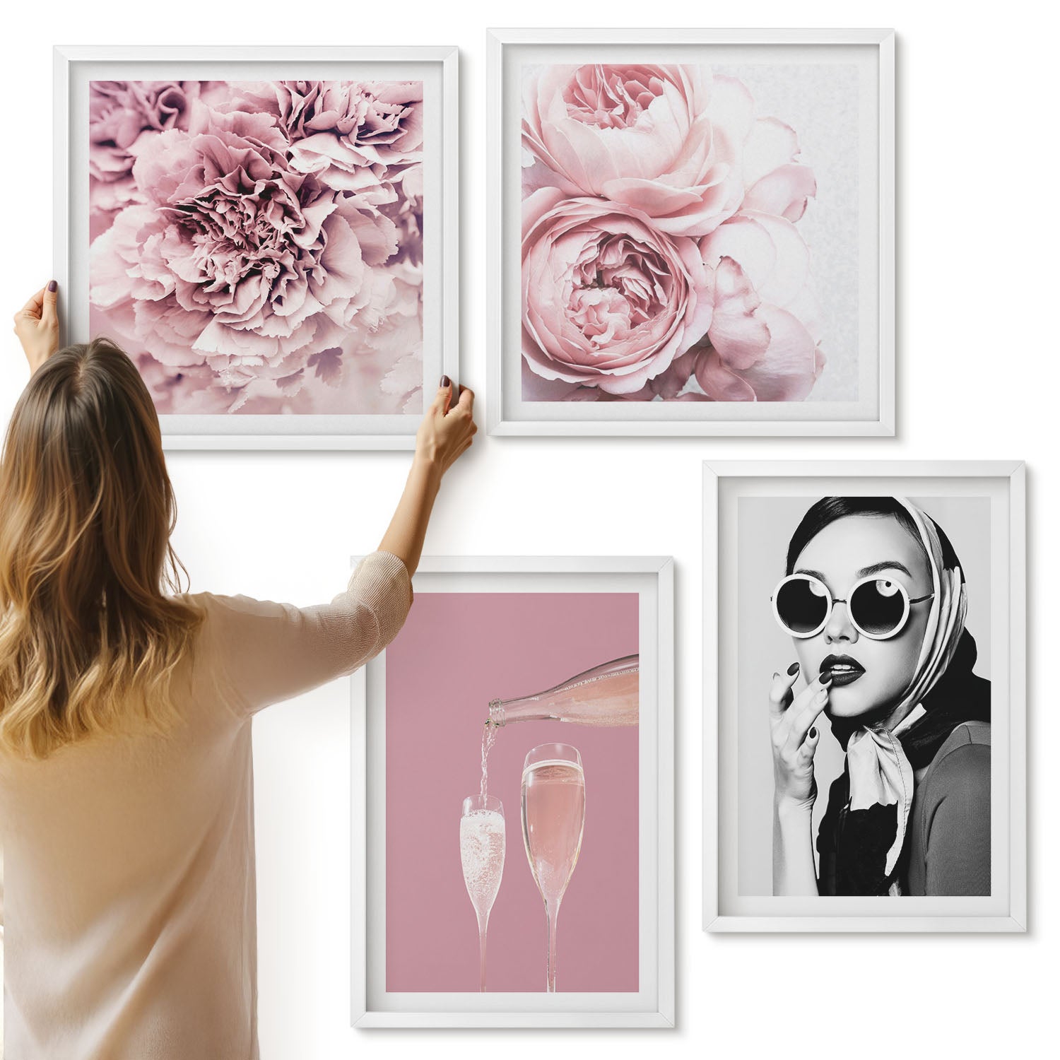 Galeria ścienna 4-częściowy komplet obrazów w białych ramach - Kwiaty piwonie róże szampan i elegancka kobieta - ArtPrintCave