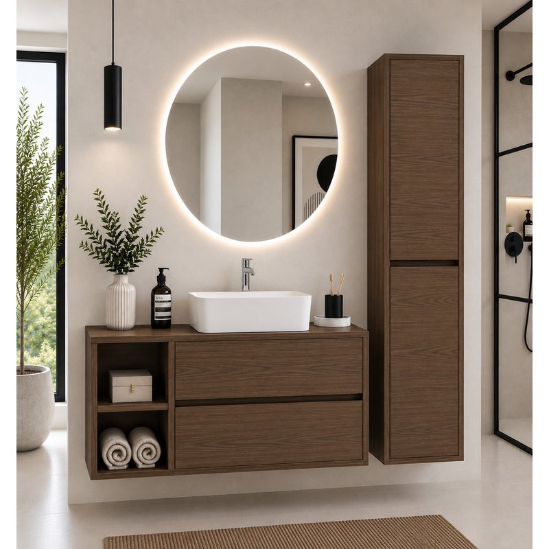 Szafka łazienkowa z drewnianym blatem i umywalką nablatową ORIGENBATH ZEUS bez lustra 120x45 cm 1 umywalka Lewa strona jesion tea z kolumną