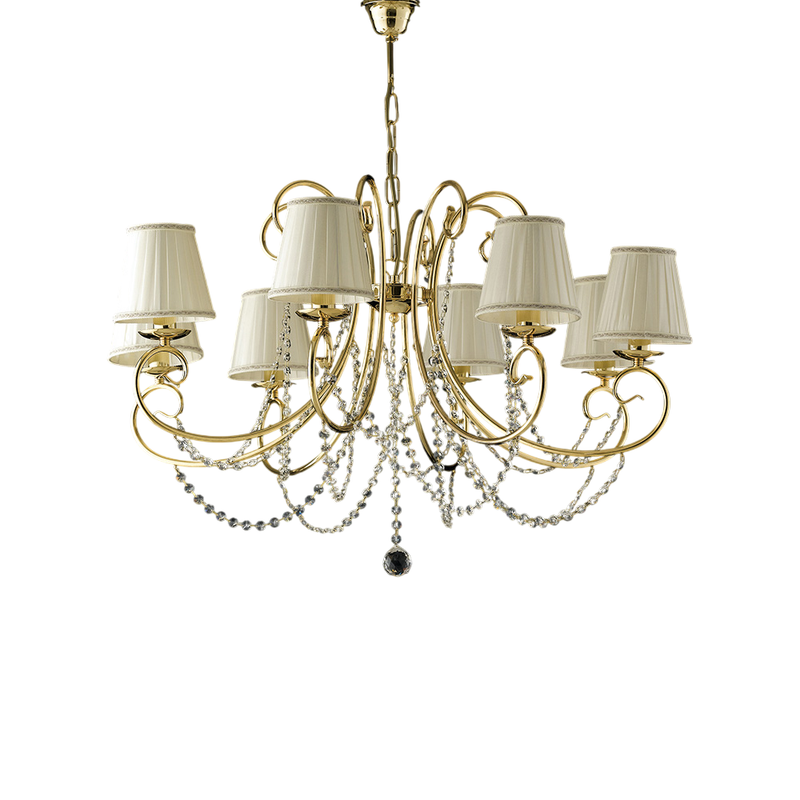 Lampadario in ferro dorato 8 luci con paralumi H.58 - MAX 118 - Ø78