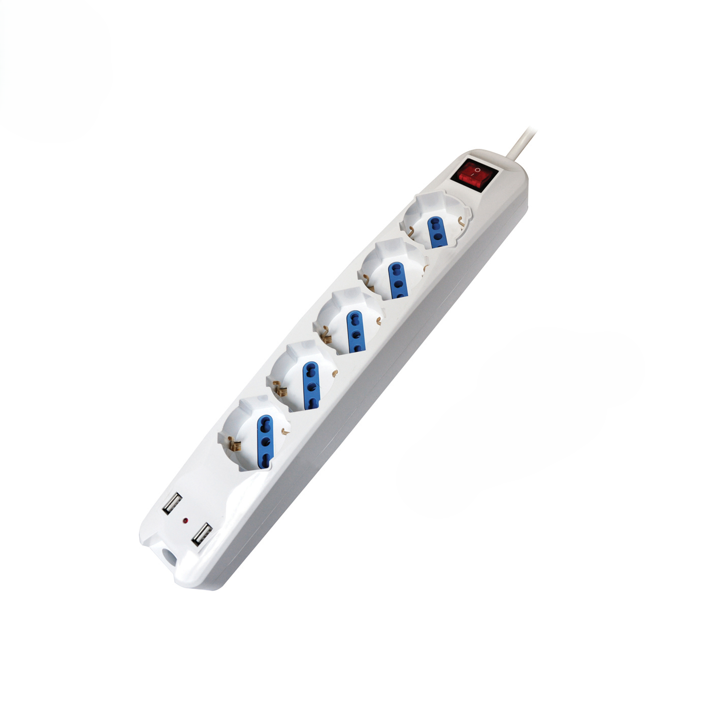 Alcapower Listwa zasilająca 5 gniazd Bipasso Schuko 3500W, 2 porty USB 21A, kabel 1,5m, wtyczka kątowa 90°, do biura i domu, wysoka jakość