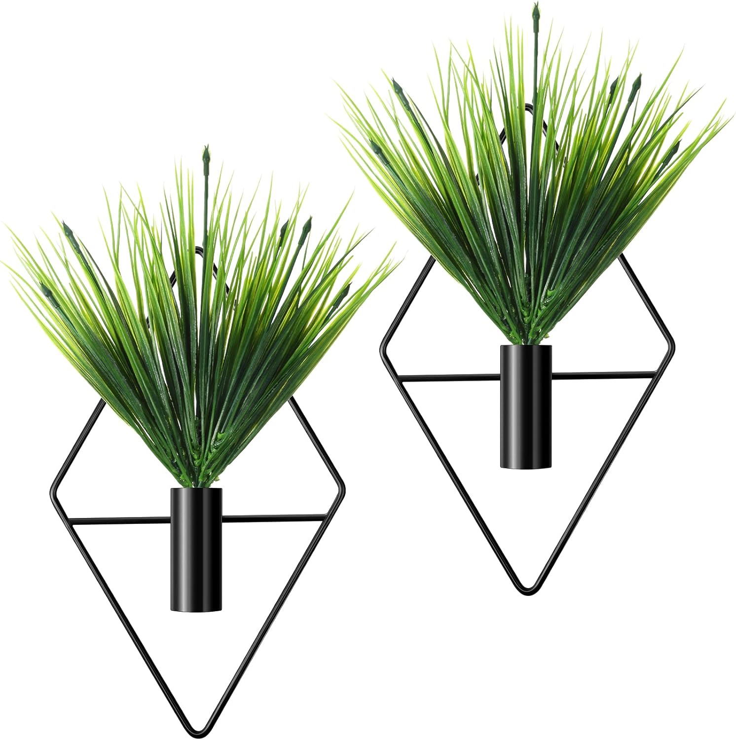 2-częściowy metalowy wiszący wazon ścienny w geometrycznym stylu ze sztuczną rośliną, nowoczesny wiszący uchwyt na rośliny, wisząca doniczka (czarny)