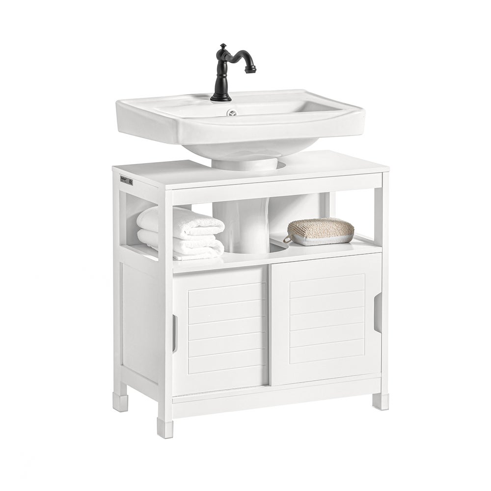SoBuy Mobiletto Bagno Salvaspazio - Armadio Salvaspazio 2 Ante Scorrevoli e Ripiano Aperto - Mobile Sottolavabo per Bagno Moderno Piccolo – Bianco, 60
