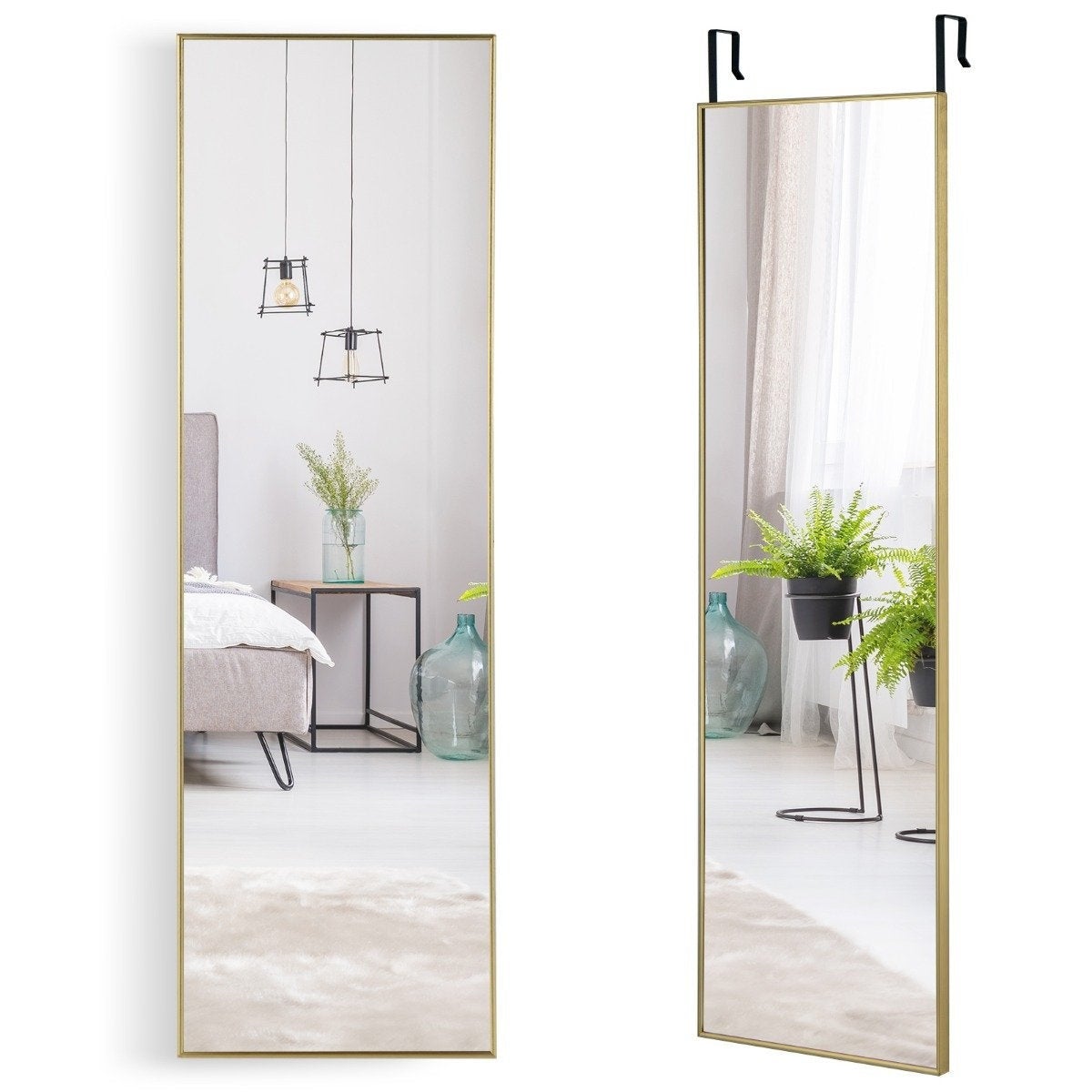 Lustro ścienne o pełnej długości 37 x 120 cm z regulowanymi wieszakami, lustro ścienne w kolorze złotym
