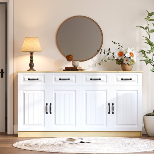 Komoda/komoda z 4 drzwiami i 4 szufladami – 2 półki – wzór w paski – 8 metalowych uchwytów – płyta MDF – kolor biały i naturalny