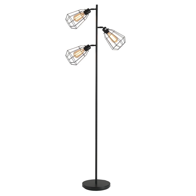 Lampa podłogowa w stylu industrialnym, 3 żarówki maks. 40 W, klosz z czarnej metalowej klatki