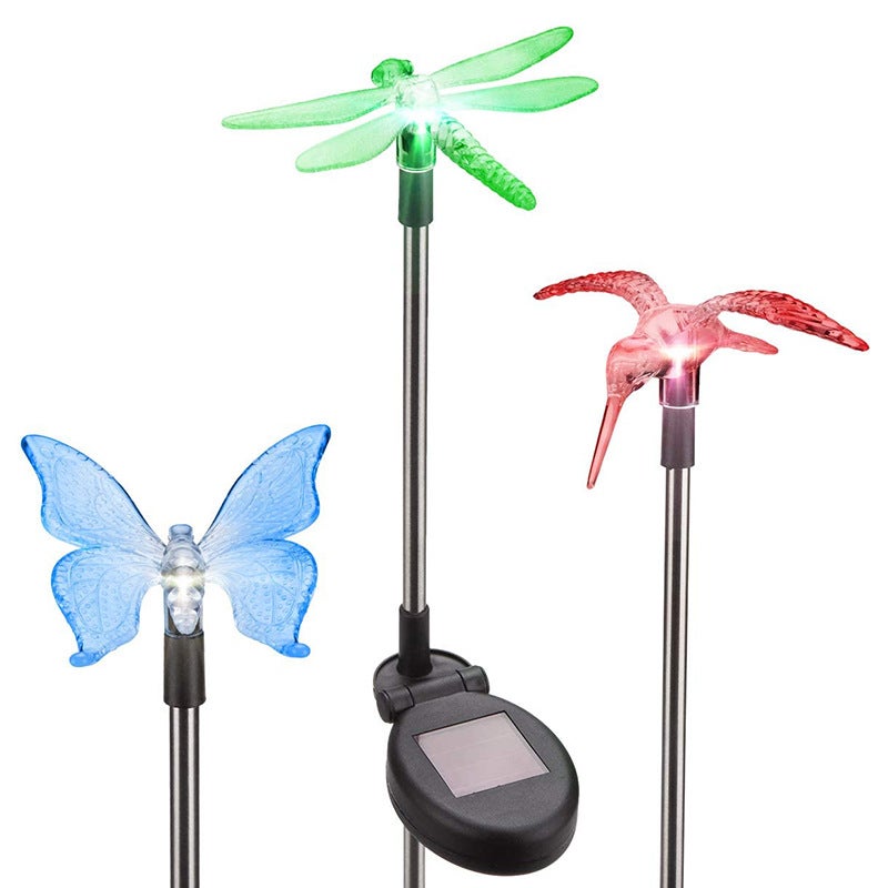 Zestaw 3 solarnych lamp ogrodowych, dekoracja oświetlenia krajobrazu, w kształcie kolibra, motyla, ważki, odpowiednie do dziedzińców i trawników