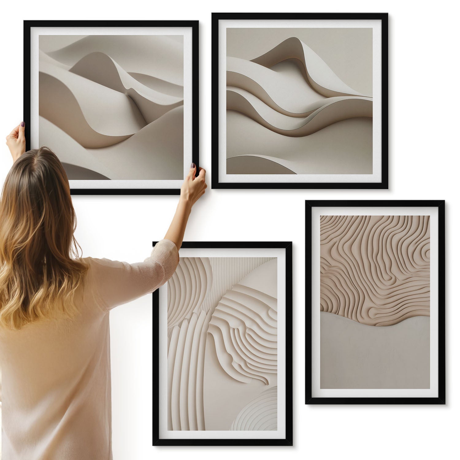 Galeria ścienna 4-częściowy komplet obrazów w czarnych ramach - Abstrakcyjne wzory tekstury fale na piasku - ArtPrintCave