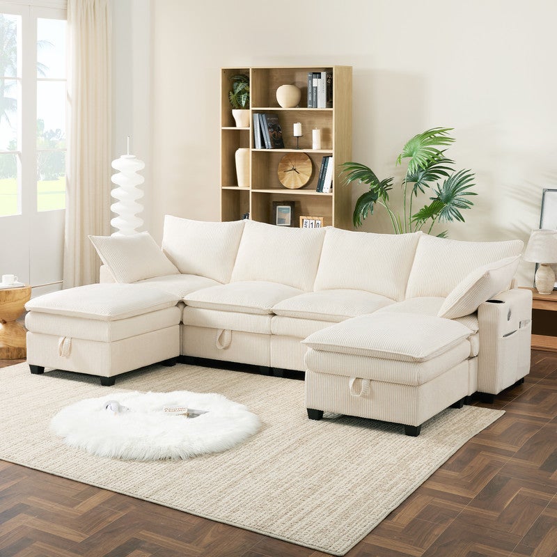 Nowoczesna sofa narożna w kształcie L - 4-osobowa - z wyjmowanym podnóżkiem - porty USB - schowki + uchwyty na kubki - beżowa