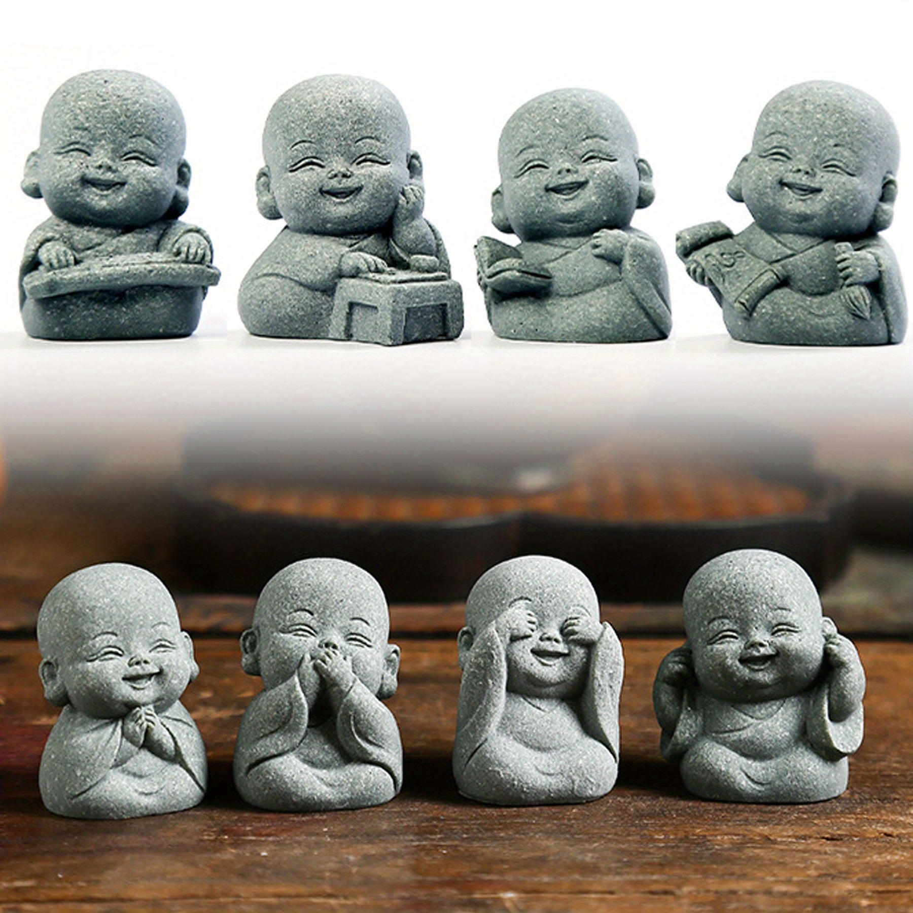 Zestaw 8 ozdobnych figurek Buddy z żywicy, do salonu, akwarium, na stolik do herbaty, do bonsai, 4,5 x 3 cm