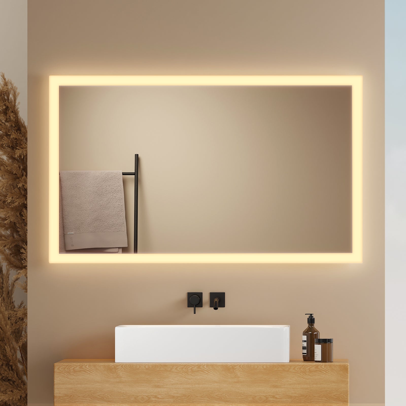 EMKE Lustro łazienkowe z oświetleniem LED 60x100 cm, z Przeciwmgielne, przełącznikiem przyciskowym, Lustro z zimnym/ciepłym białym podświetleniem