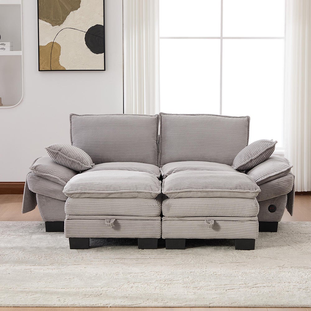 2-osobowa sofa z aksamitu prążkowanego, z dwoma podnóżkami, pianka o wysokiej gęstości, port USB-C i kieszenie boczne, jasnoszara