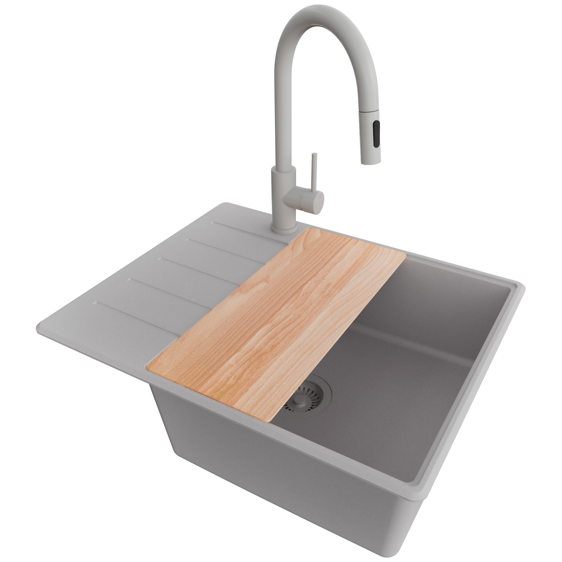 Zlewozmywak Granitowy Szary 62x50cm, Zlew Kuchenny 1 Komorowy + Bateria 40x20cm + Syfon + Deska, Nablatowy do szafki od 50cm - Kopenhaga PRIMAGRAN