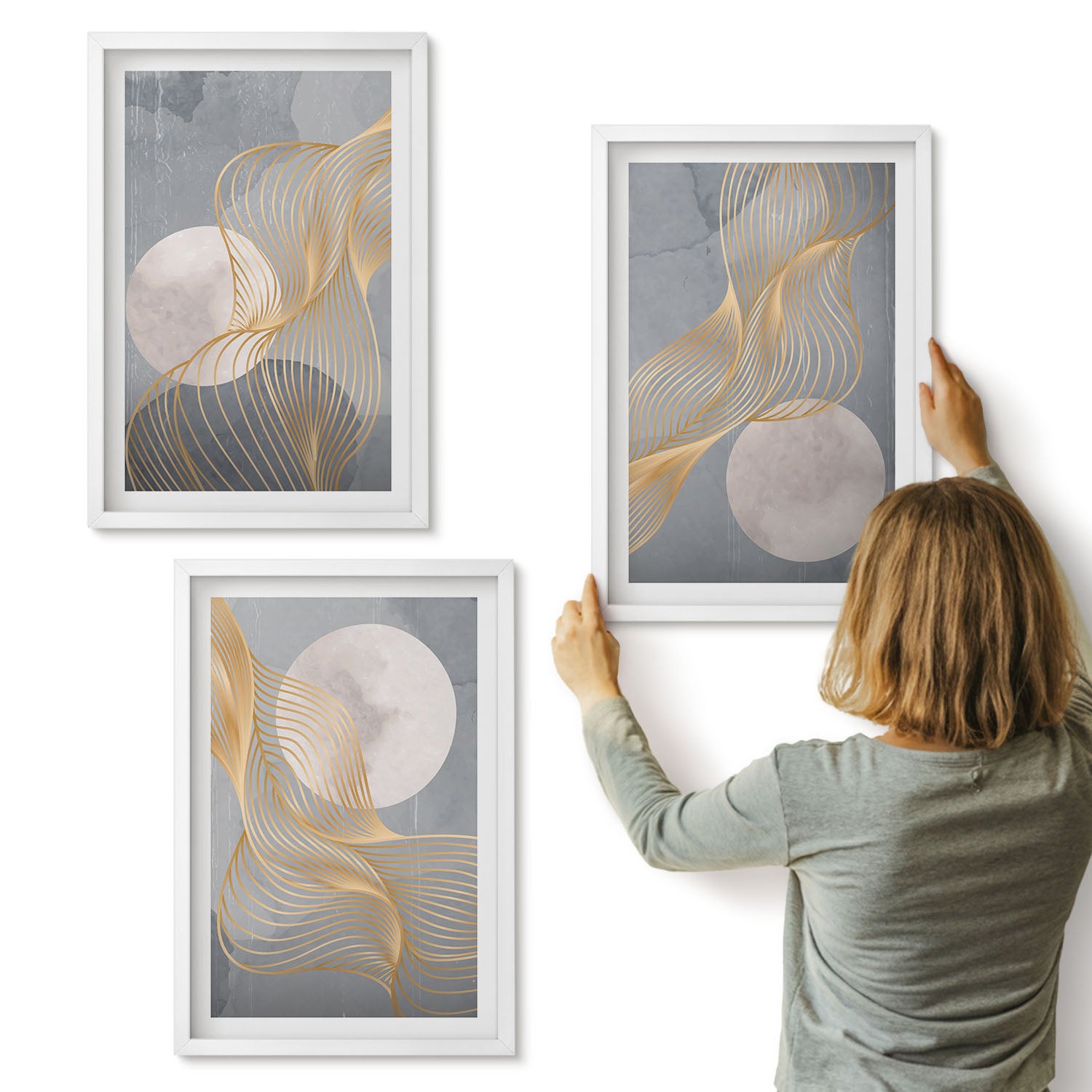 Galeria ścienna 3-częściowy komplet obrazów w białych ramach - Abstrakcyjne wzory z falami i okręgami na szarym tle - ArtPrintCave