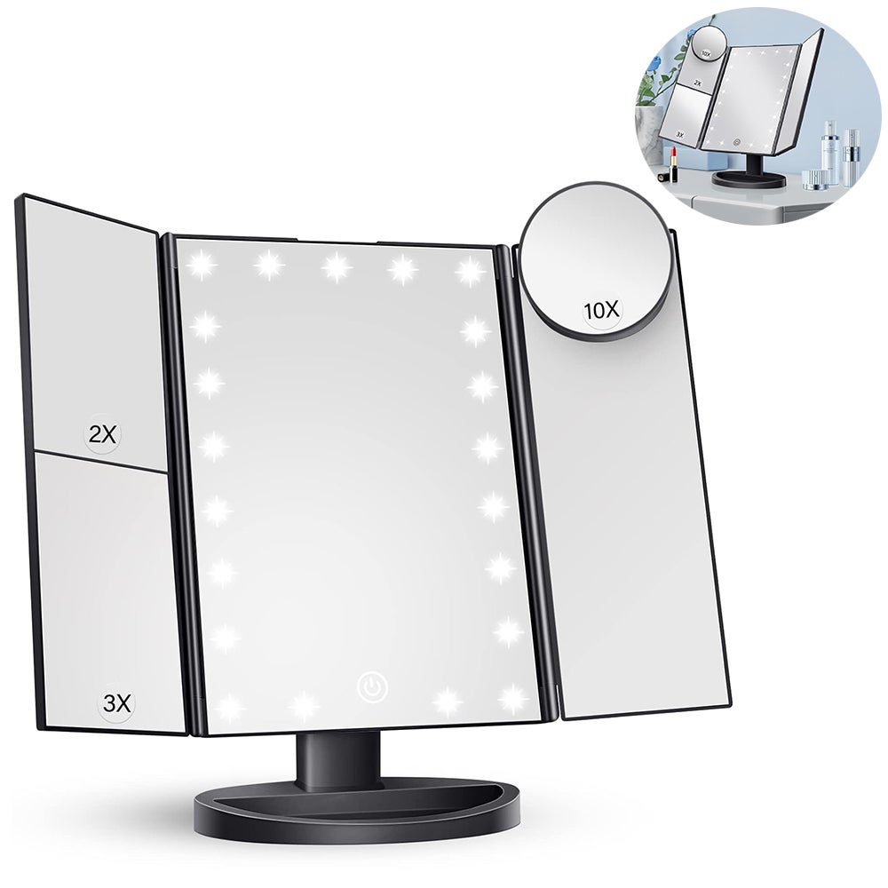 Lusterko do makijażu LED powiększające 2X/3X/10X – sterowanie dotykowe, potrójne zasilanie, przenośne lusterko idealne na prezent dla kobiety (czarne)