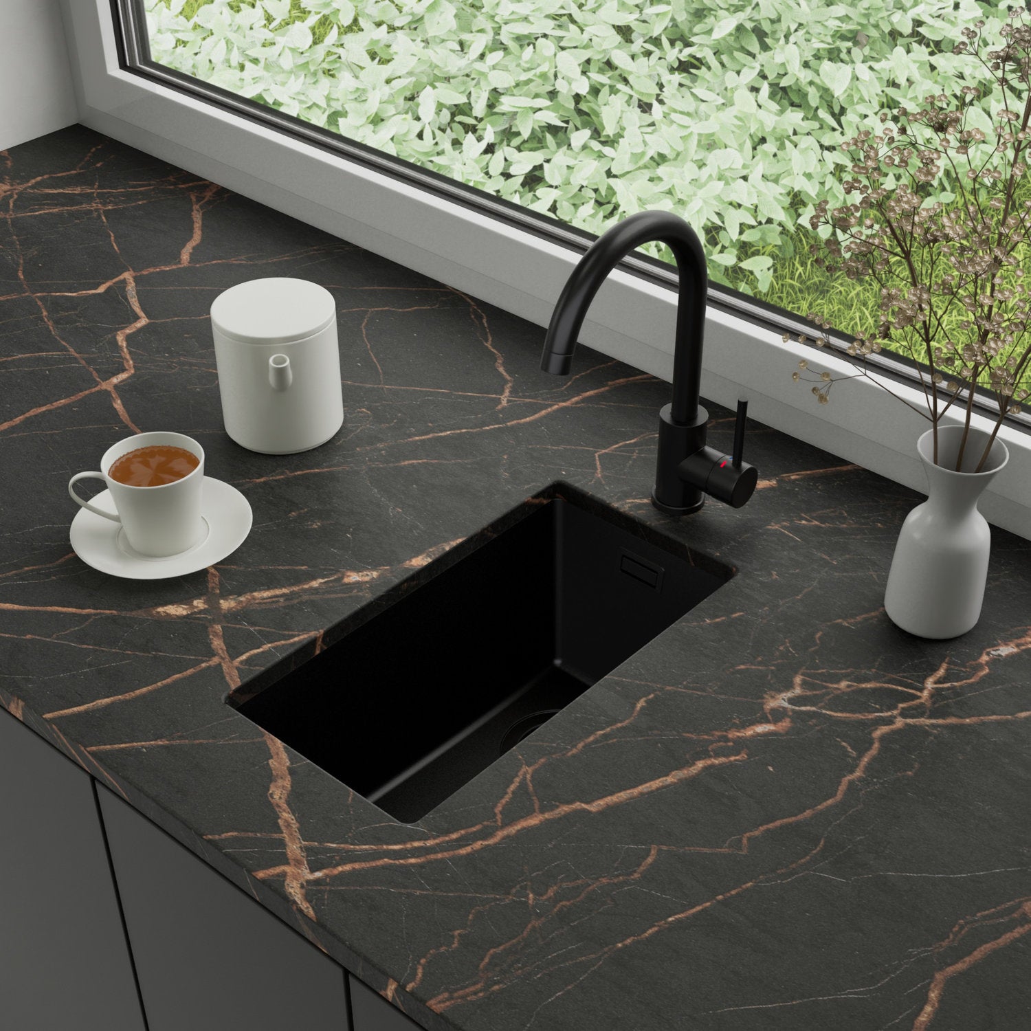Zlewozmywak podblatowy 26x47cm, do szafki od 30cm + Bateria + Syfon - Agate Cały Czarny STONESTYLE