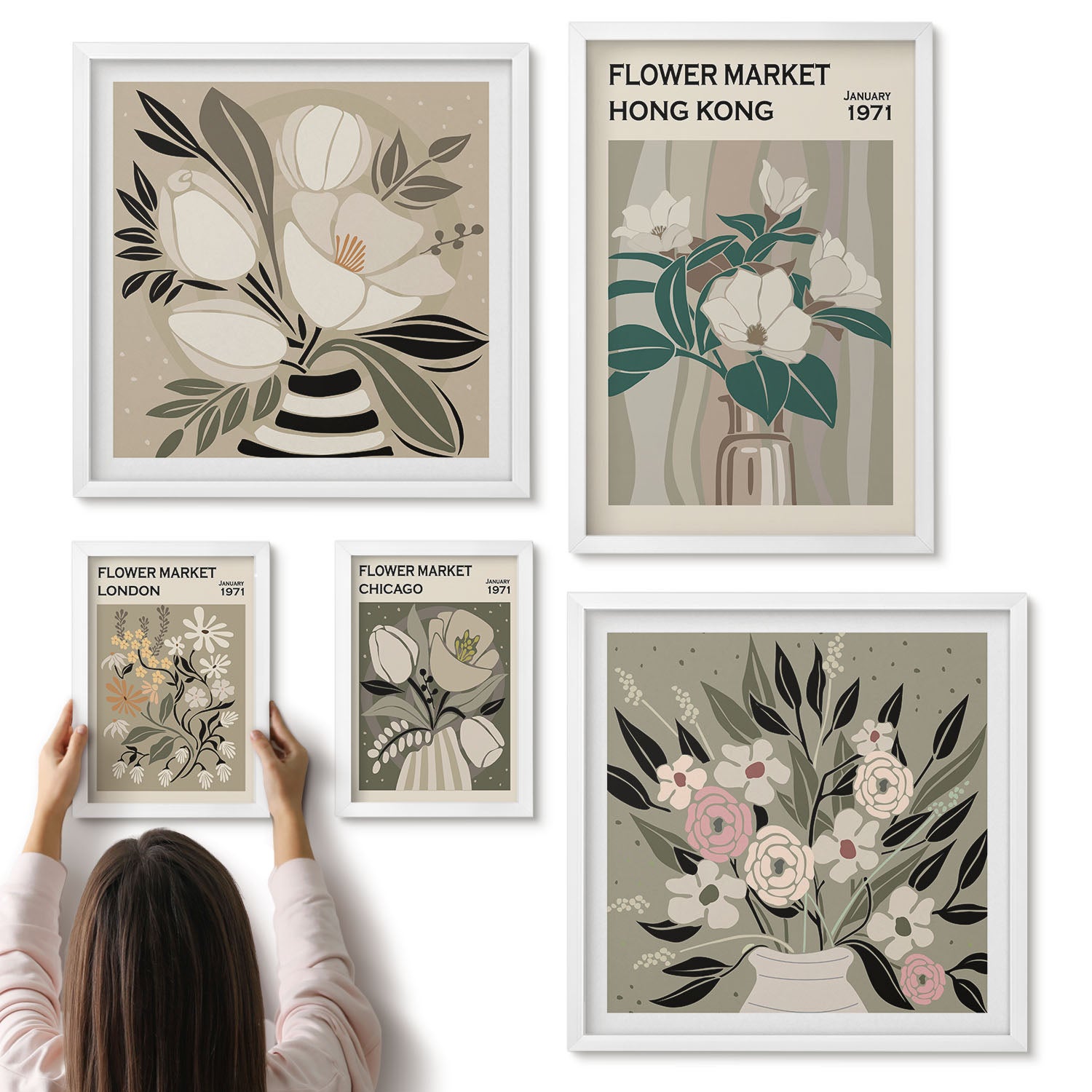 Galeria ścienna 5-częściowy komplet obrazów w białych ramach - Kwiatowe targi z różnych miast styl retro i vintage - ArtPrintCave
