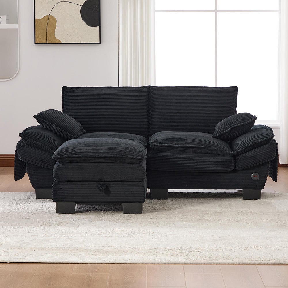 Dwuosobowa sofa z sztruksu, z podnóżkiem w zestawie, z wypełnieniem z pianki o wysokiej gęstości, portem USB-C i kieszeniami bocznymi, czarna