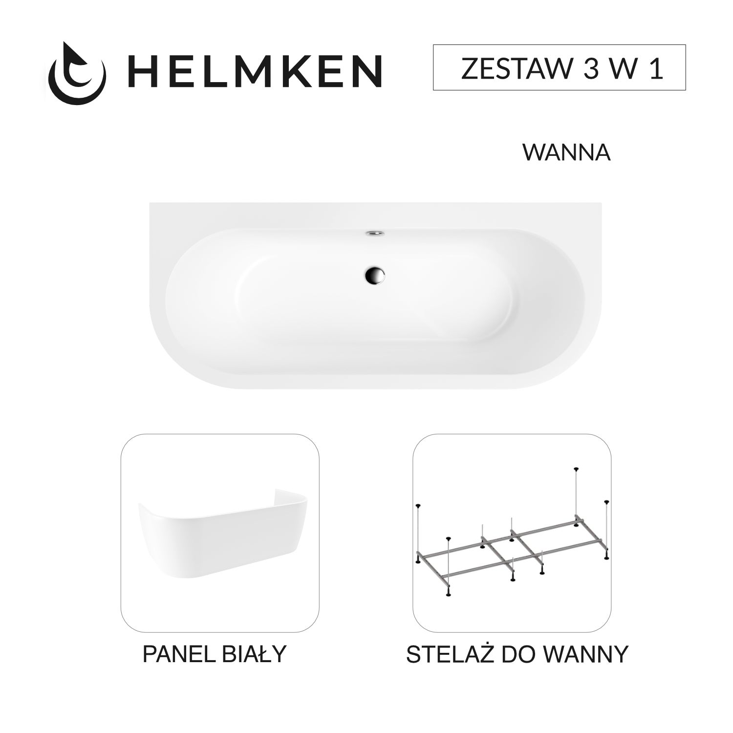 Wanna półokrągła akrylowa 170x75 Helmken Imperia + Panel Biały + Stelaż do wanien Helmken 21210028 / 35080075-3S