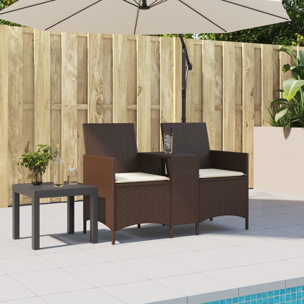 Ogrodowa sofa 2-os. ze stolikiem i poduszkami brązowy rattan PE