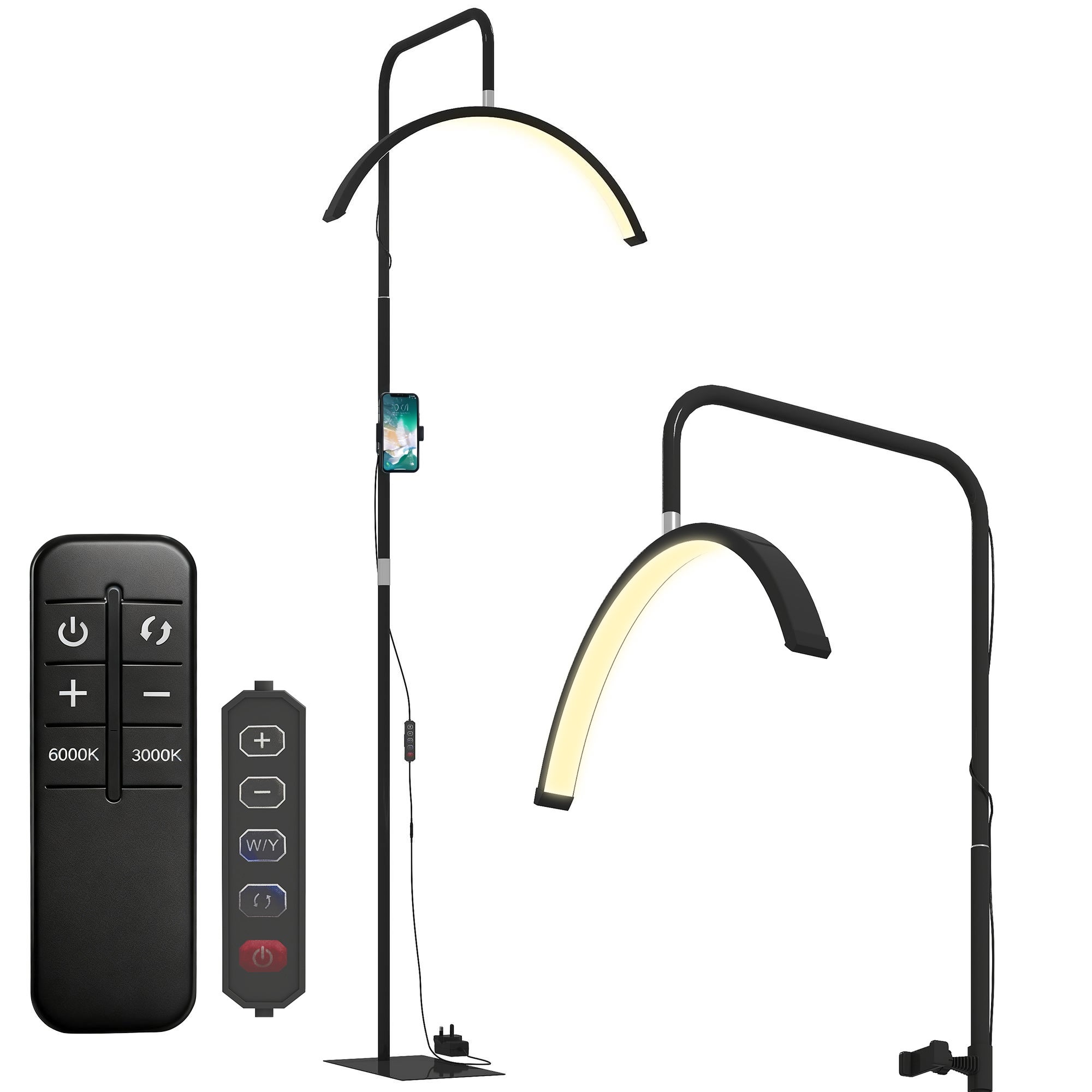 Lampa stojąca LED z głowicą w kształcie półksiężyca, regulowana wysokość i temperatura barwowa, pilot, czarna