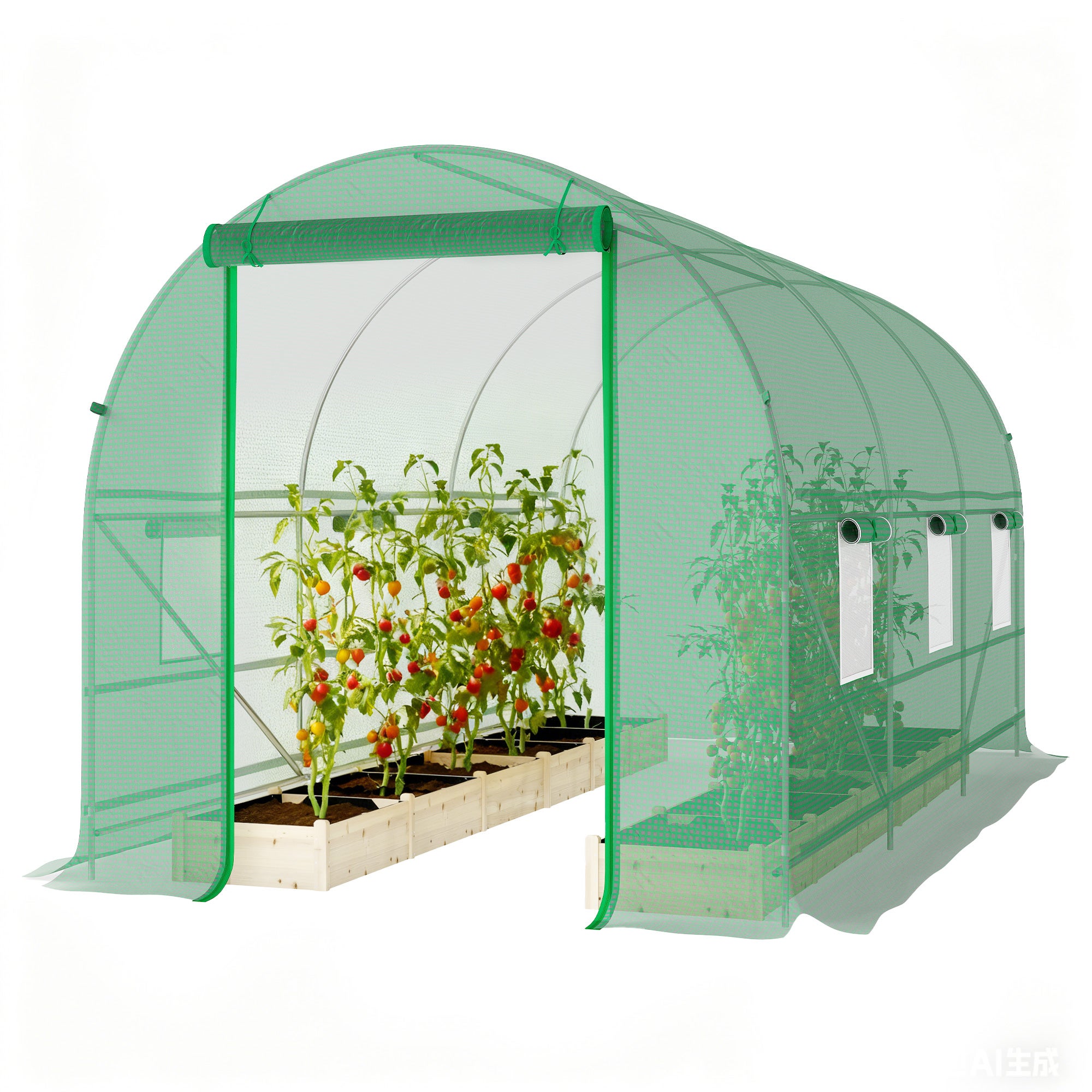 Tunel ogrodowy o powierzchni 8 m², z drzwiami i 6 oknami, pokrycie PE 140 g/m², 400 x 200 x 200 cm, kolor zielony