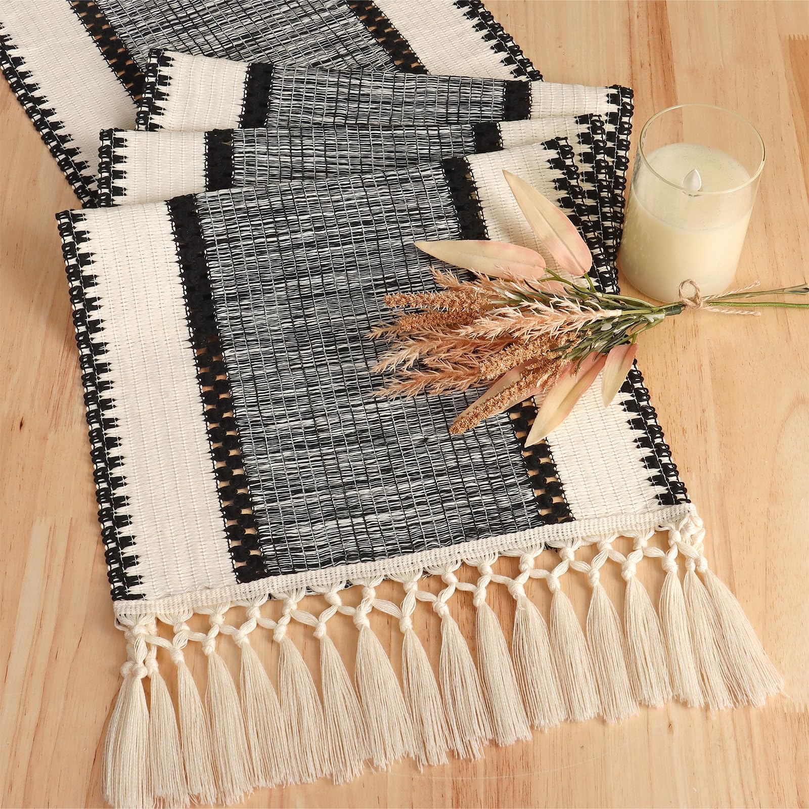 Zestaw 2 czarnych vintage boho bieżników na stół, bawełna lniana z makramą i frędzlami, 30x50 cm