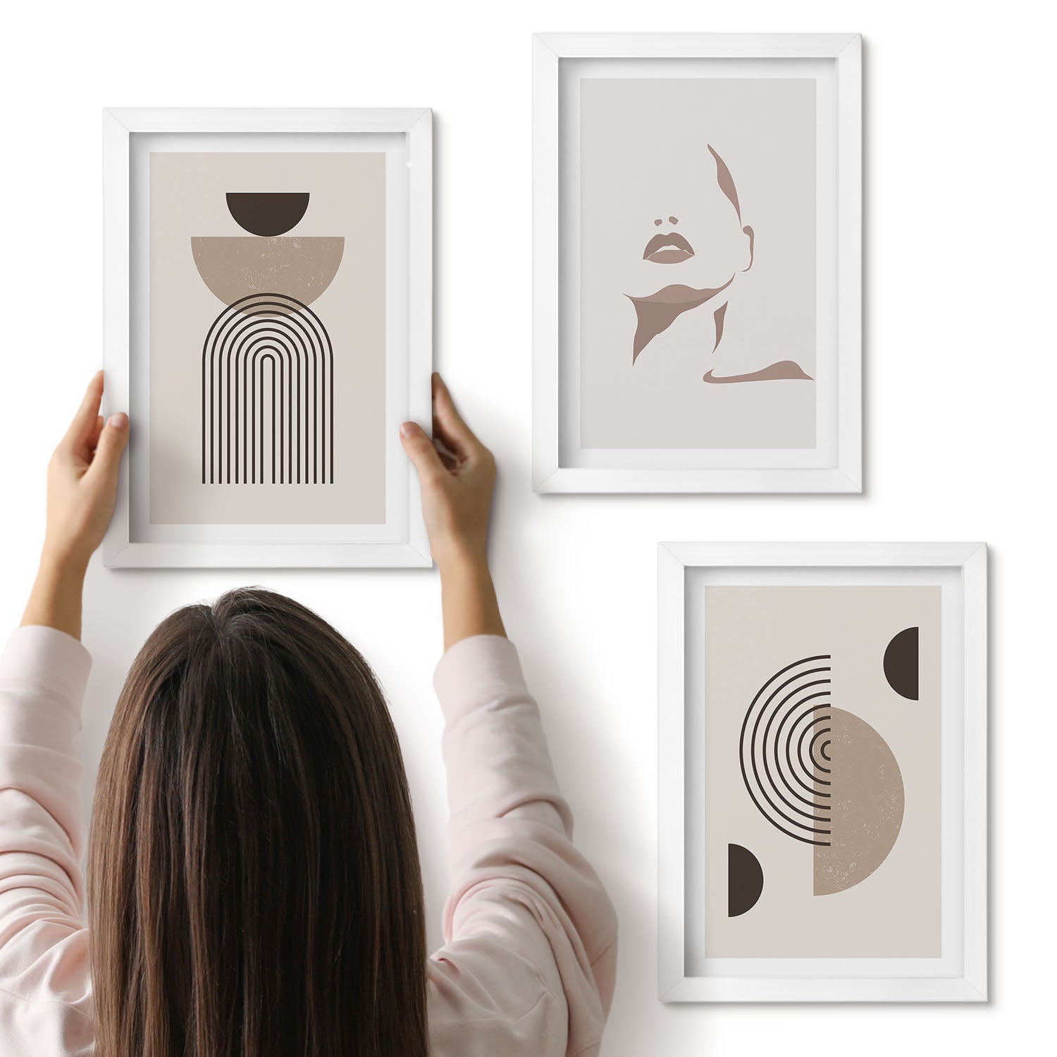 Galeria ścienna 3-częściowy komplet obrazów w białych ramach - Abstrakcyjne formy geometryczne i sylwetka twarzy - ArtPrintCave