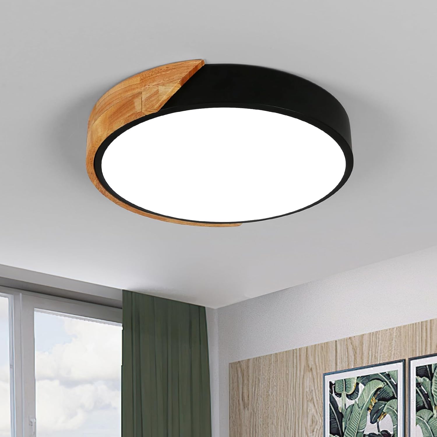 Nowoczesna lampa sufitowa LED W okrągła w kolorze drewna chłodna biel K idealna do sypialni salonu kuchni średnica cm klasa energooszczędności E